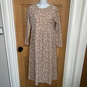 LL Bean Midi Dress Size 4P Mauve Cream Velour Floral Modest Country